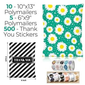 Shipping Bundle - Polymailers, Thank You Stickers - Green Daisies -Black Stripes